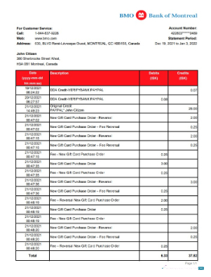 Download Canada Bank of Montreal bank statement excel Photoshop template